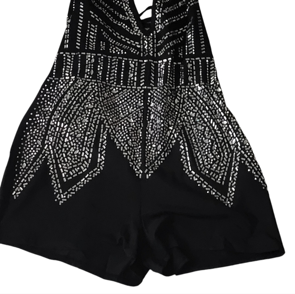 Holiday Party Black Embellished Beaded Romper V-Neck Halter Stretchy - Picture 13 of 15